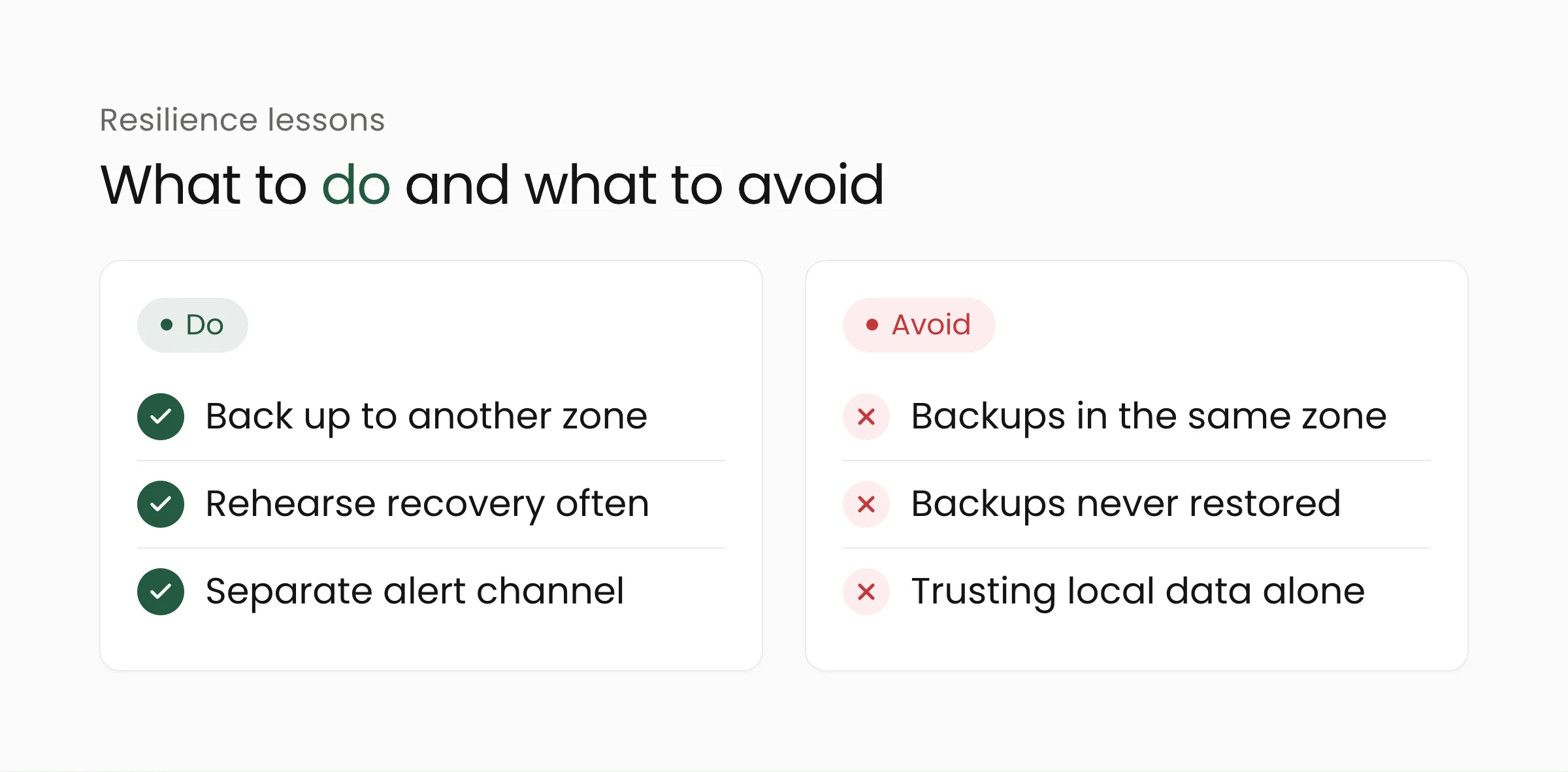 Do and avoid list for data center resilience: back up to another zone, rehearse recovery, keep a separate alert channel