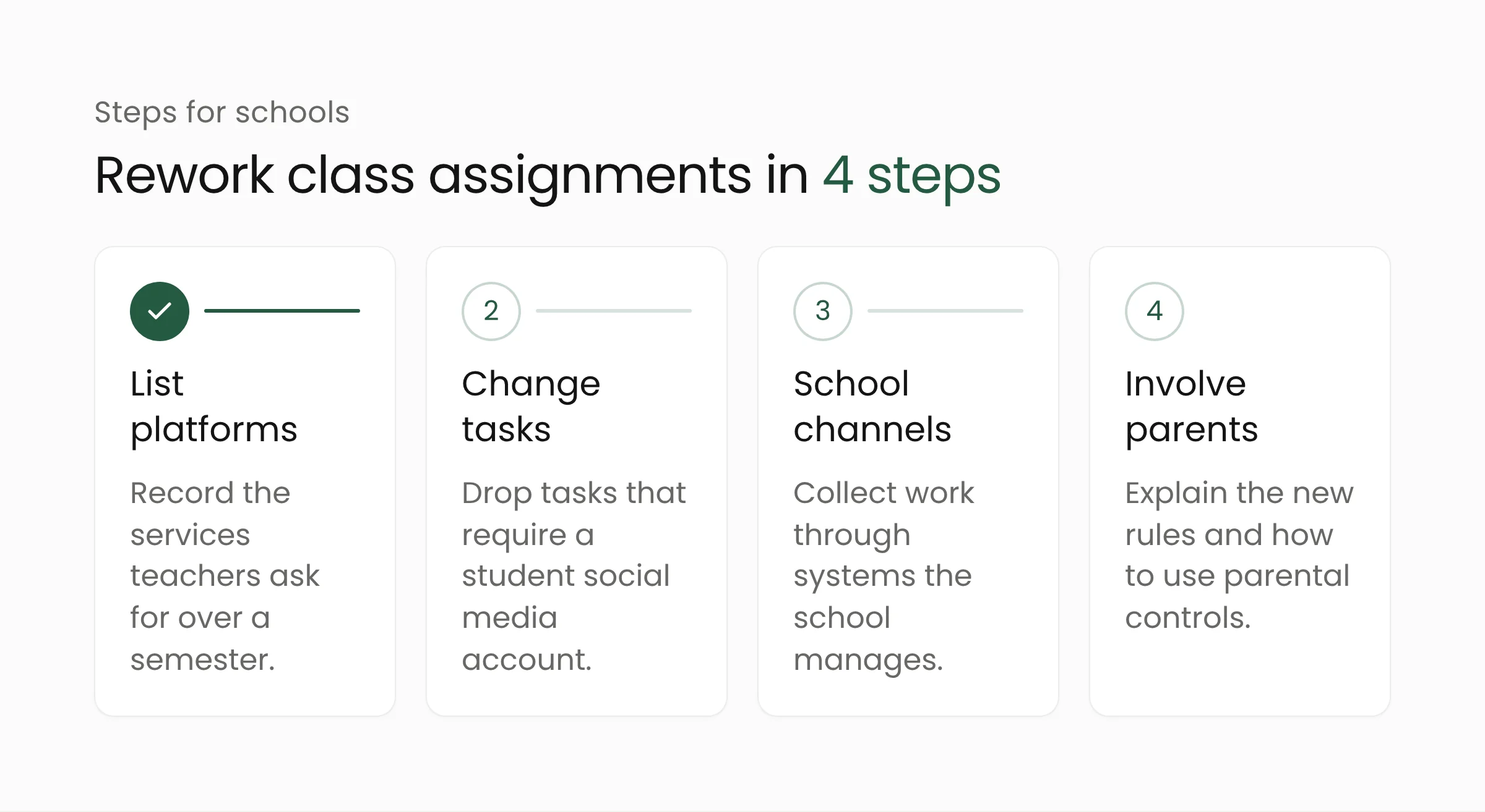 Four steps for schools responding to PP Tunas: list the platforms in use, change assignments that require accounts, move submissions to school channels, and involve parents