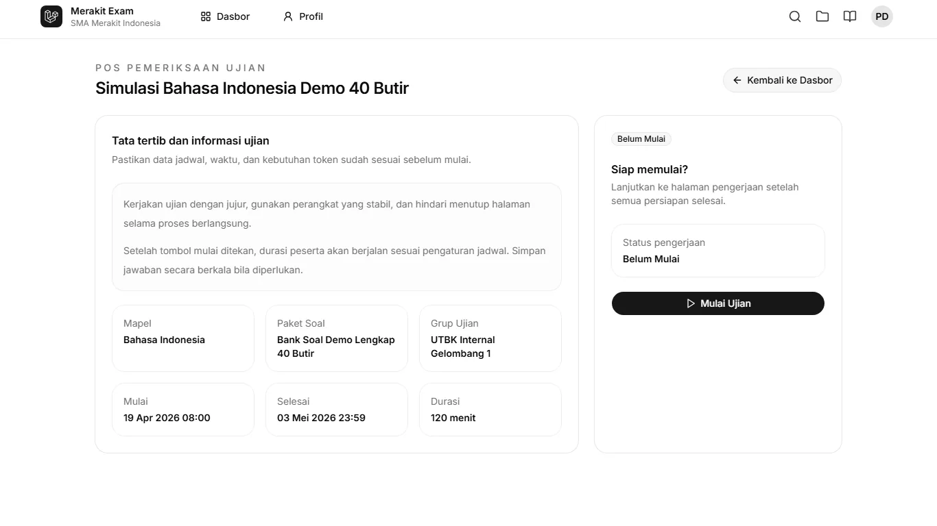 Merakit Exam checkpoint page showing participant readiness information before the exam starts