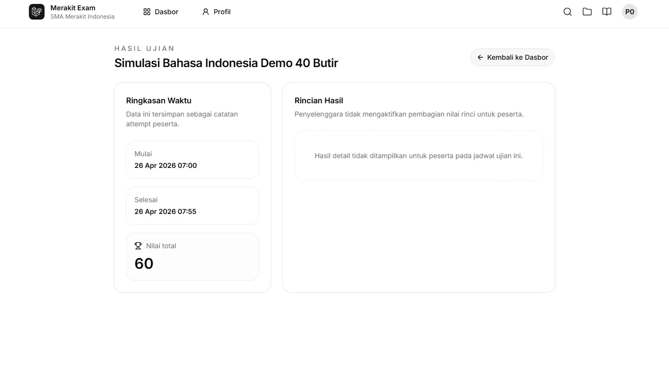 Merakit Exam participant exam results page after the attempt is completed