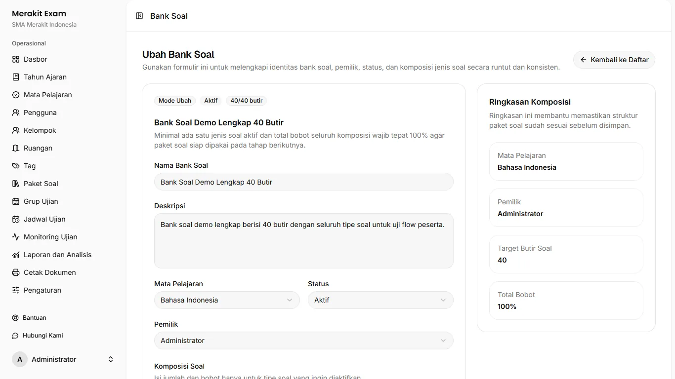 Merakit Exam question bank form for setting the package details, owner, status, and question composition