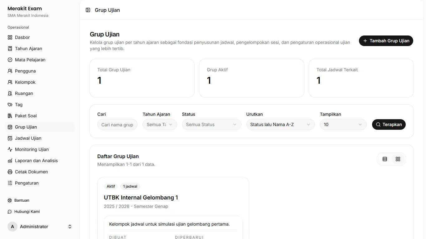 Merakit Exam exam groups page for grouping several schedules into a single event