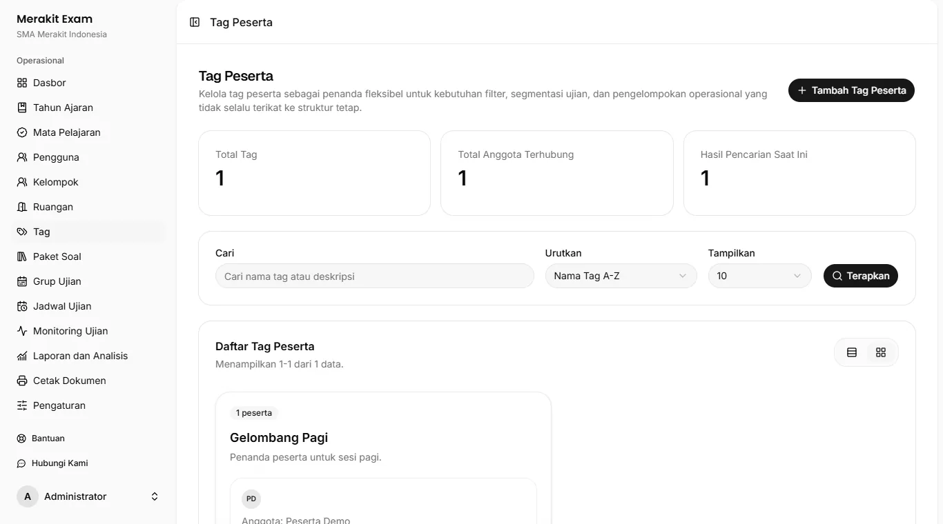 Merakit Exam participant tags page