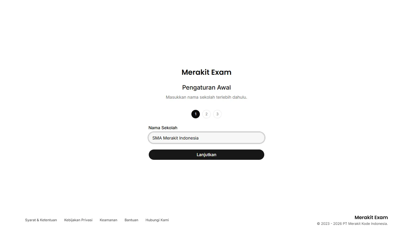Merakit Exam initial setup with the school name SMA Merakit Indonesia