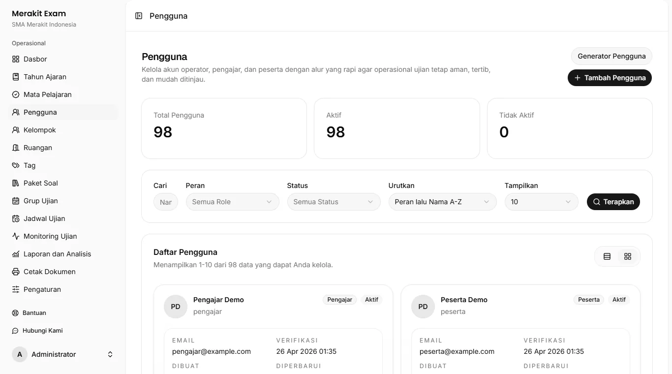 Merakit Exam users page